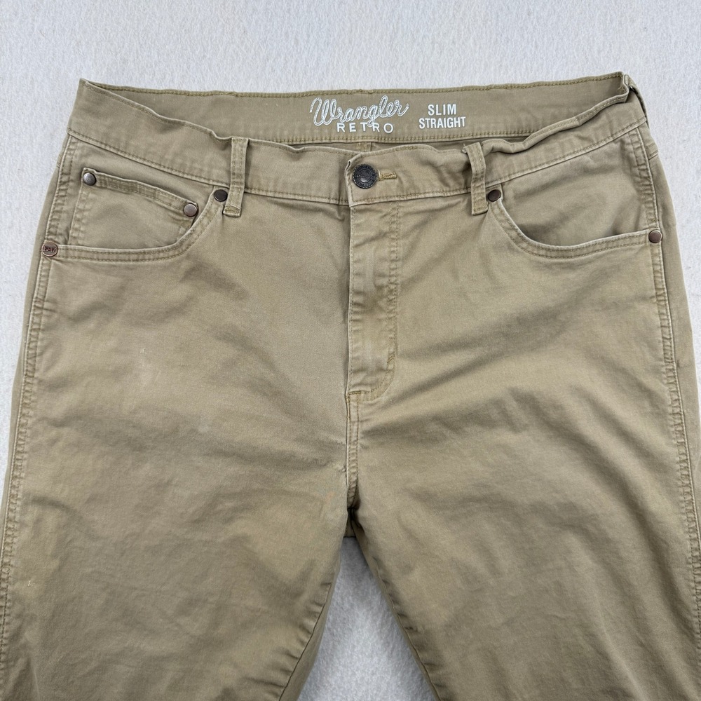 Wrangler Retro Slim Straight Chino Pants Mens 36x34 (36x32) Khaki Tan Workwear